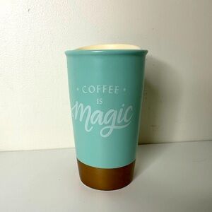 Starbucks  2018 Ceramic Travel Mug 12oz Coffee Is Magic Teal and Gold w/ Lid